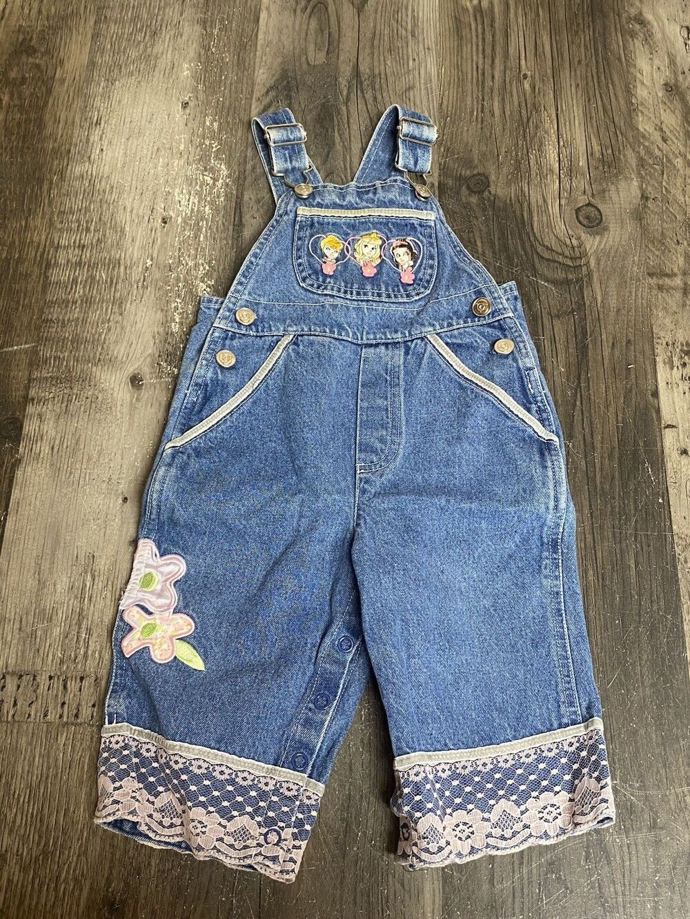 Vtg Disney Princess Denim Jean Overalls Sz 12m Lace Flower